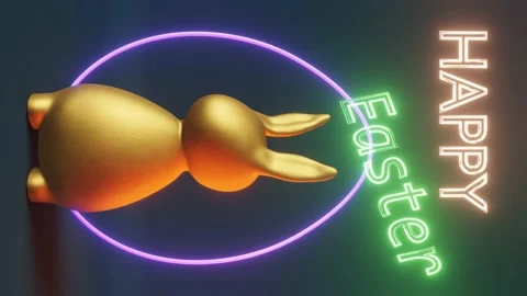 Happy Easter Shiny golden bunny eggs futuristic blue neon light 3d animation Stock Footage 233603967