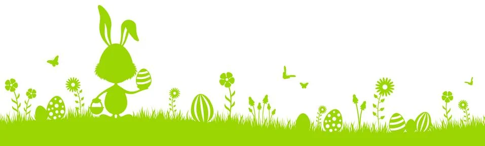 Happy Easter silhouette green with easter bunny and easter eggs on meadow Stock Illustration