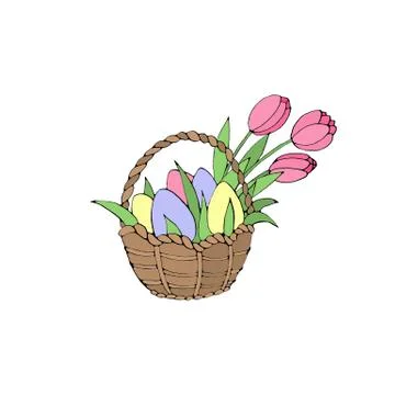 Happy Easter. Simple color Basket with eggs and Tulip flowers. Design element Stock-Illustration