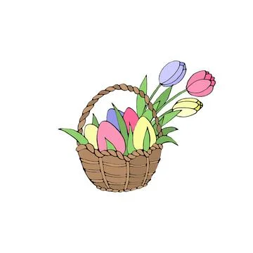 Happy Easter. Simple color Basket with eggs and Tulip flowers. Design element Stock-Illustration