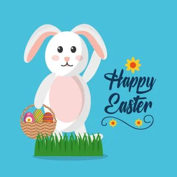 Happy easter smiling rabbit with poster and colored eggs Illustrazione stock