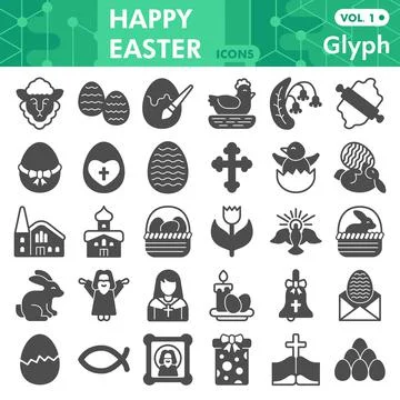 Happy Easter solid icon set, Easter holidays celebration symbols collection or Stock Illustration
