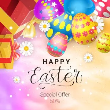 Happy Easter Special Offer Poster Or Card Template Background With Lettering And Stock Illustration
