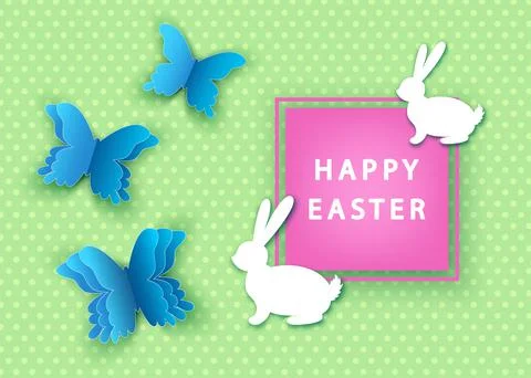 Happy easter spring background with  papercut  butterfly and  bunny. Illustrazione stock