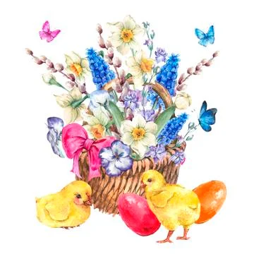 Happy Easter spring bouquet with daffodils in the wicker Stock Illustration