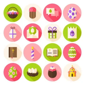 Happy Easter Spring Circle Icons Set with long Shadow Stock Illustration