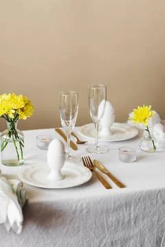 Happy Easter! Spring elegant table setting Stock Photos