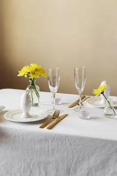 Happy Easter! Spring elegant table setting Stock Photos