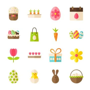 Happy Easter Spring Flat Objects Set isolated over White Stock Illustration