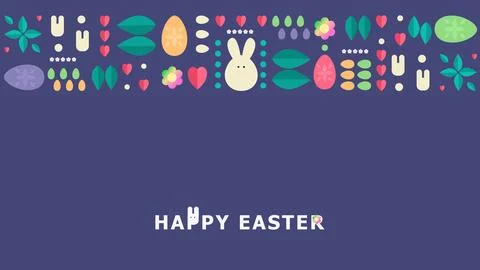 Happy easter Spring geometric mosaic card with rabbit, eggs and flowers. Merry Stock Illustration