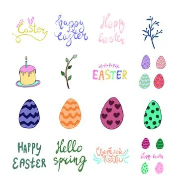 Happy easter spring graphic elements,vector set. Lettering, egg, branch 库存插图