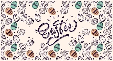 Happy Easter. Spring greeting calligraphy and pattern background. Vector Stock Illustration