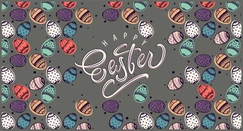 Happy Easter. Spring greeting calligraphy and pattern background. Vector Stock Illustration