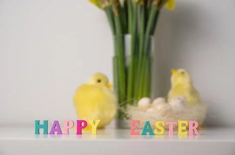 HAppy easter Spring greetings banner with chickens and flowers. Stock Photos