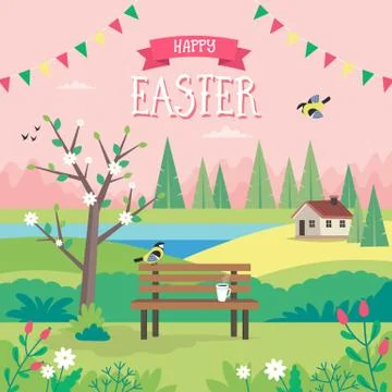 Happy Easter, spring landscape with bench, houses, fields and nature. Greeting 스톡 일러스트