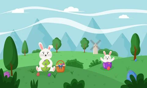 Happy Easter, spring landscape with cute Easter bunny. Happy easter eggs. Happy Illustrazione stock