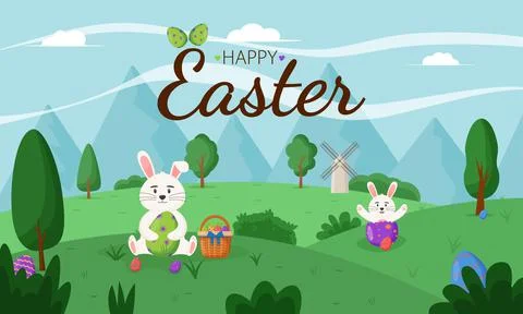 Happy Easter, spring landscape with cute Easter bunny. Happy easter eggs. Happy Stock Illustration