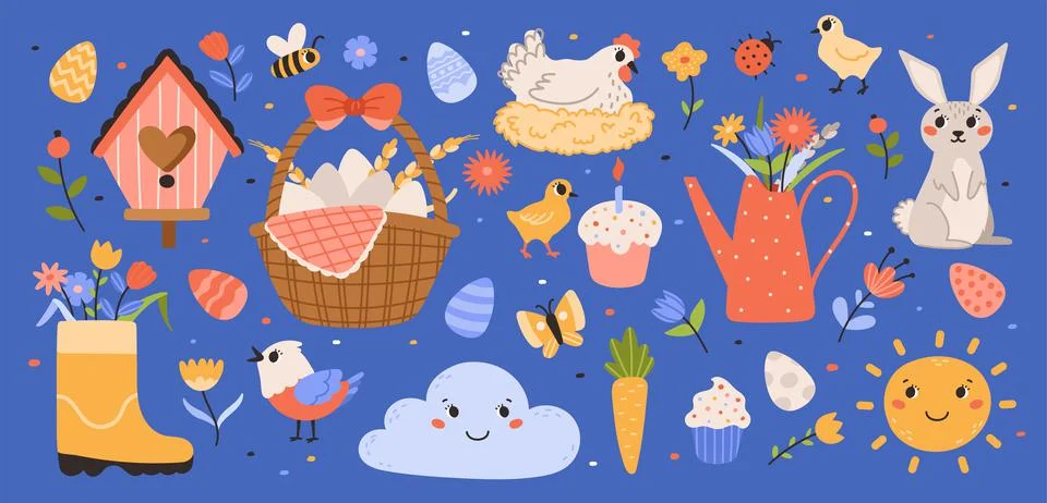 Happy easter. Spring set of rabbit, chickens, eggs, flowers, butterflies. Illustrazione stock