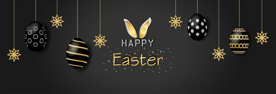 Happy Easter Spring theme poster banner with hanging easter eggs and flowers Stock Illustration