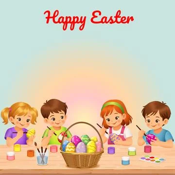 Happy Easter square banner with kids painting eggs 스톡 일러스트