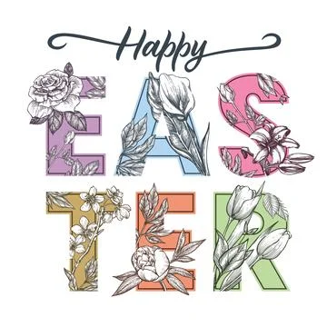 Happy Easter square banner or poster design template. Vector hand drawn sketc Stock Illustration