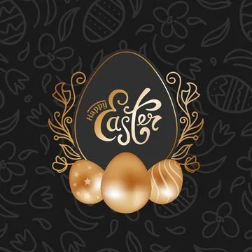 Happy Easter. Square black banner, shiny gold chocolate eggs in realistic style Stock Illustration