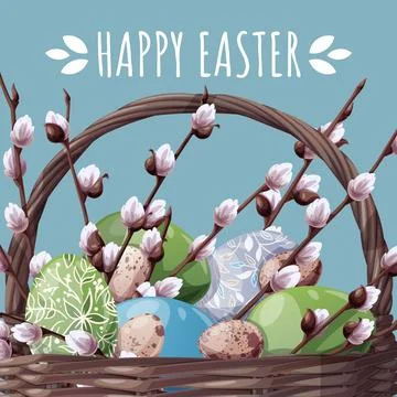 Happy Easter Square Card with Basket of Colorful Eggs and Willow Branches on Stock Illustration
