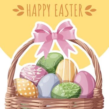Happy Easter Square Card with Basket of Colorful Eggs. Happy Easter Design Stock Illustration