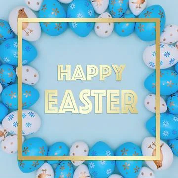 Happy Easter square card on blue. Fotos de archivo