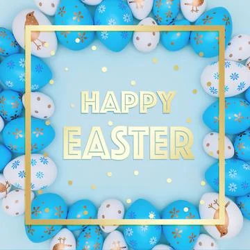 Happy Easter square card on blue. Stock Photos