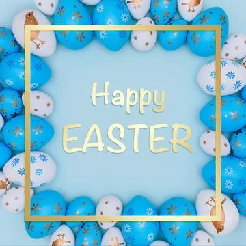 Happy Easter square card on blue. Stock Photos