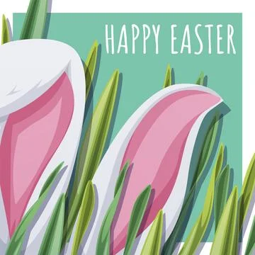 Happy Easter Square Card with Bunny Ears Peeking from Grass. Happy Easter Design Illustrazione stock