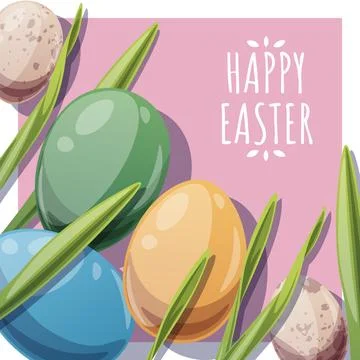 Happy Easter Square Card with Colorful Eggs in Grass. Happy Easter and Spring イラスト素材