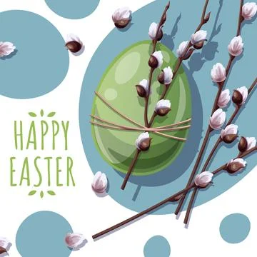 Happy Easter Square Card with Easter Egg and Willow Branch on Blue Background Stock Illustration