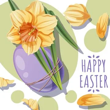 Happy Easter Square Card with Easter Egg and Yellow Daffodil on Green Background Stock Illustration