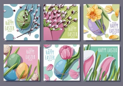 Happy Easter Square Card Set with Bunny Ears in Grass, Colorful Eggs, Tulips Stock Illustration