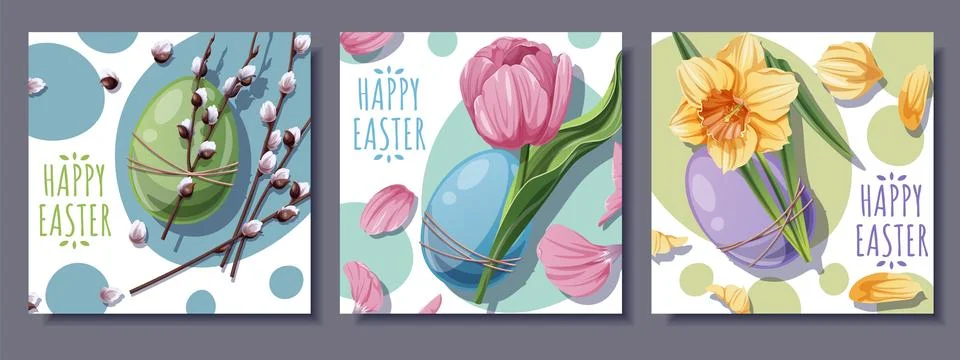 Happy Easter Square Card Set with Colorful Eggs, Tulips, Daffodils and Willow Illustrazione stock