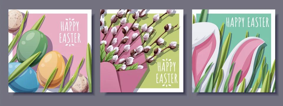 Happy Easter Square Card Set with Bunny Ears in Grass, Colorful Eggs and Willow Stock Illustration
