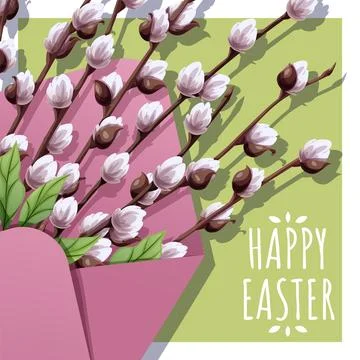 Happy Easter Square Card with Willow Branch in Envelope on Green Background.. Stock Illustration