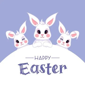 Happy Easter. Square colorful banner. Cute Easter bunnys in a minimalist cartoon Stock Illustration