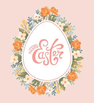 Happy Easter. Square colorful banner, wreath of spring flowers in the form of a Stock Illustration