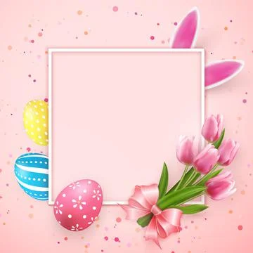 Happy Easter square frame banner template with Easter eggs and tulip flower p Stock Illustration
