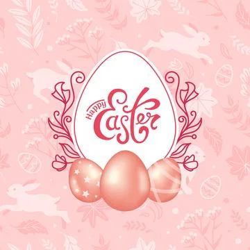 Happy Easter. Square pink banner, shiny chocolate eggs in realistic style Illustrazione stock