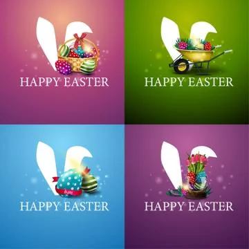 Happy Easter, square purple, pink, green and blue postcards with Easter icons 스톡 일러스트
