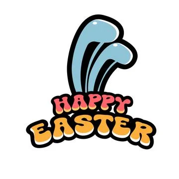 Happy Easter sticker with blue bunny ears. Happy Easter bubble font with thick Stock Illustration