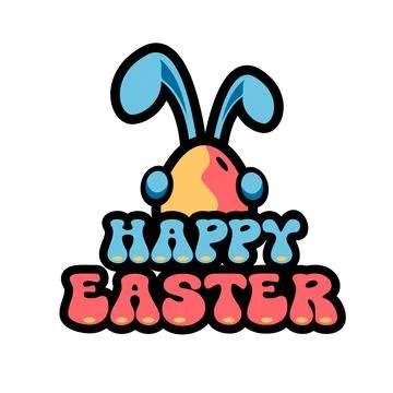 Happy Easter sticker with blue bunny ears. Happy Easter bubble font with thick Stock Illustration