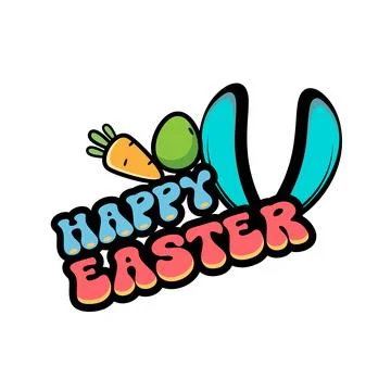 Happy Easter sticker with blue bunny ears. Happy Easter bubble font with thick Stock Illustration