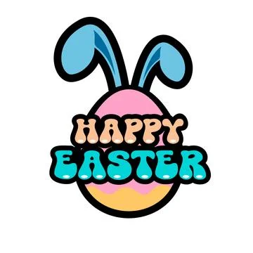 Happy Easter sticker with blue bunny ears. Happy Easter bubble font with thick Stock Illustration