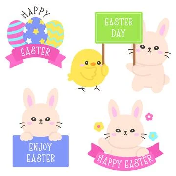 Happy Easter Sticker Set with Bunny, Chick, Festive Banners, and Holiday Sign Stock Illustration