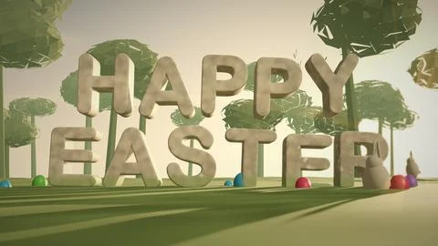 Happy Easter Stone 3D Text in a Spring Meadow for Easter Stock Illustration